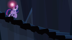 Size: 2000x1125 | Tagged: safe, screencap, twilight sparkle, pony, unicorn, g4, the crystal empire, female, glowing horn, horn, looking up, mare, solo, stairs, unicorn twilight