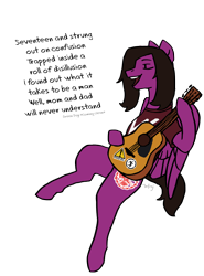 Size: 2592x3508 | Tagged: safe, artist:infrej, pegasus, pony, acoustic guitar, clothes, commission, eyes closed, green day, guitar, high res, male, musical instrument, open mouth, pierce the veil, ponified, shirt, simple background, singing, song reference, stallion, sticker, t-shirt, text, transparent background, vic fuentes, wings, ych result