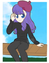 Size: 1750x2250 | Tagged: safe, artist:kittyrosie, rarity, human, g4, alternate hairstyle, beatnik rarity, beret, blushing, clothes, colored pupils, cute, female, hat, humanized, looking at you, raribetes, sitting, solo, sweater