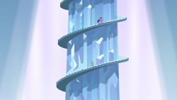 Size: 2000x1125 | Tagged: safe, screencap, spike, twilight sparkle, dragon, pony, unicorn, g4, the crystal empire, duo, female, king sombra's stair dimension, male, mare, pillar, spiral stairs, stairs, unicorn twilight