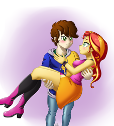 Size: 700x772 | Tagged: safe, artist:pia-sama, sunset shimmer, oc, equestria girls, g4, blushing, breasts, bridal carry, busty sunset shimmer, canon x oc, carrying, clothes, lidded eyes, looking at each other, shipping, sleeveless