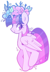Size: 892x1280 | Tagged: safe, artist:vivian reed, twilight sparkle, alicorn, pony, g4, cute, female, flower, flower in hair, folded wings, heart, looking back, mare, simple background, smiling, solo, transparent background, twiabetes, twilight sparkle (alicorn), wings
