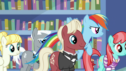 Size: 1920x1080 | Tagged: safe, screencap, beaude mane, rainbow dash, roger silvermane, sterling silver, strawberry ice, summer breeze, earth pony, pegasus, pony, daring doubt, g4, background pony, dollar sign, female, friendship student, male, mare, necktie, stallion