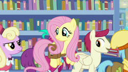Size: 1920x1080 | Tagged: safe, screencap, fluttershy, luckette, silver berry, sugar maple, earth pony, pegasus, pony, daring doubt, g4, background pony, bag, female, flying, friendship student, male, mare, saddle bag, stallion