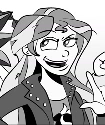 Size: 1080x1285 | Tagged: safe, alternate version, artist:locolaranja, sunset shimmer, equestria girls, g4, bust, clothes, female, grayscale, jacket, monochrome, offscreen character, open mouth, smiling, smirk