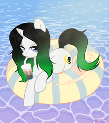 Size: 1800x2040 | Tagged: safe, artist:kim0508, oc, oc only, oc:vex vixen, pony, unicorn, black rose, bubble tea, drinking, drinking straw, female, floating, floaty, inner tube, looking at you, mare, moon, solo, water