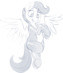Size: 2443x2872 | Tagged: source needed, safe, artist:dimfann, scootaloo, pegasus, pony, g4, clothes, female, flying, high res, monochrome, scootaloo can fly, smiling, solo, uniform, wonderbolts uniform