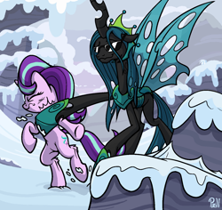 Size: 1322x1246 | Tagged: safe, artist:pirill, derpy hooves, queen chrysalis, starlight glimmer, changeling, changeling queen, pony, unicorn, g4, the ending of the end, abuse, armor, atg 2020, bitch slap, chrysalis sure does hate starlight, cloud, cutie mark, duo, enemies, falling, female, fight, fluffy, glimmerbuse, ground, hitting, horn, lev punch edit, meme, mountain, newbie artist training grounds, parody, punch, rock, scene parody, signature, sky, smug, snow, starlight vs chrysalis, sunglasses, the last of us, the last of us part ii, ultimate chrysalis, violence, when you see it, wings