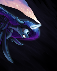 Size: 1600x2000 | Tagged: safe, artist:rocket-lawnchair, princess luna, alicorn, pony, g4, atg 2020, crying, female, flying, glowing horn, gritted teeth, horn, magic, newbie artist training grounds, nightmare, sky, solo, spread wings, wings