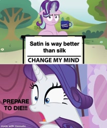 Size: 1000x1200 | Tagged: safe, edit, edited screencap, screencap, rarity, starlight glimmer, pony, unicorn, g4, sisterhooves social, :i, change my mind, chocolate, cup, food, funny, hot chocolate, i mean i see, mematic, meme, prepare to die, reaction image, shock