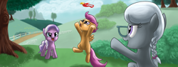 Size: 960x360 | Tagged: safe, artist:rautakoura, diamond tiara, scootaloo, silver spoon, earth pony, pegasus, pony, my little investigations, g4, badge, bully, bullying, fence, glasses, jumping, open mouth, scootaloo can't fly, tree