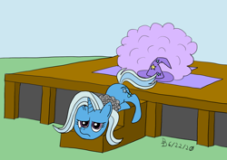Size: 1920x1358 | Tagged: safe, artist:darkdabula, trixie, pony, g4, chains, clothes, escape, fail, fallen, female, hat, sad, smoke, solo, stage, stairs, tied up, trixie's hat