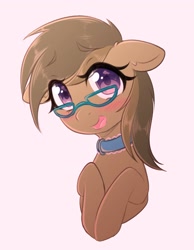 Size: 1589x2048 | Tagged: safe, artist:fluffymaiden, oc, oc only, oc:dawnsong, earth pony, pony, blushing, bust, collar, female, glasses, looking at you, mare, pink background, simple background, solo