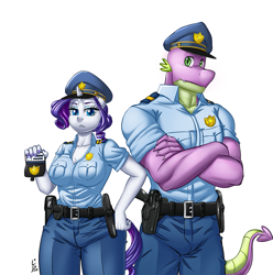 Size: 893x900 | Tagged: safe, artist:pia-sama, rarity, spike, dragon, unicorn, anthro, g4, adult, adult spike, breasts, busty rarity, cleavage, digital art, female, older, older spike, police officer, police uniform, raricop, simple background