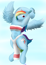 Size: 2480x3508 | Tagged: safe, artist:multi-faceted, rainbow dash, pegasus, pony, semi-anthro, g4, arm hooves, backwards cutie mark, chel, clothes, female, high res, solo