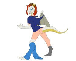 Size: 2442x1962 | Tagged: safe, artist:settop, part of a set, oc, oc only, dragon, human, brown hair, clothes, clothes falling off, denim, glasses, human to dragon, jeans, male, male to female, mid-transformation, pants, partial nudity, rule 63, shirt, simple background, socks, solo, torn clothes, torn socks, transformation, transgender transformation, white background