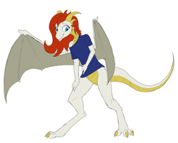 Size: 2442x1962 | Tagged: safe, artist:settop, part of a set, oc, oc only, dragon, clothes, human to dragon, male to female, post-transformation, rule 63, shirt, simple background, solo, transformation, transgender transformation, white background