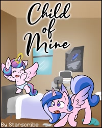 Size: 821x1024 | Tagged: safe, artist:zutcha, princess flurry heart, oc, alicorn, pony, fanfic:child of mine, g4, bed, bedroom, colored wings, crouching, duo, fanfic, fanfic art, fanfic cover, female, filly, foal, gradient wings, human to pony, implied transformation, implied transgender transformation, male to female, mare, open mouth, rule 63, transformed, wings