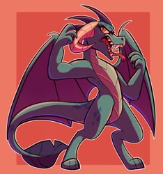 Size: 1248x1331 | Tagged: safe, artist:rockin_candies, princess ember, dragon, g4, abstract background, female, horns, open mouth, orange background, simple background, snarling, solo, spread wings, teeth, tongue out, wings