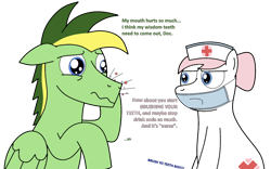 Size: 1280x798 | Tagged: safe, artist:didgereethebrony, nurse redheart, oc, oc:didgeree, earth pony, pegasus, pony, g4, face mask, implied minuette, pain, simple background, toothache, transparent background
