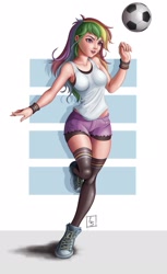 Size: 1600x2611 | Tagged: safe, artist:beamsaber, rainbow dash, human, g4, armpits, breasts, busty rainbow dash, clothes, female, football, humanized, shoes, shorts, sleeveless, sneakers, solo, sports, tank top