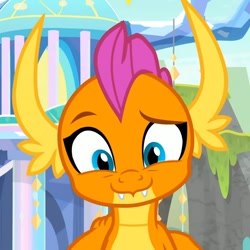 Size: 1080x1080 | Tagged: safe, edit, edited screencap, screencap, smolder, dragon, g4, uprooted, cropped, cute, dragoness, fangs, female, hand on shoulder, horns, kid, looking at you, raised eyebrow, smiling, smolderbetes, solo, teenaged dragon, teenager, treehouse of harmony