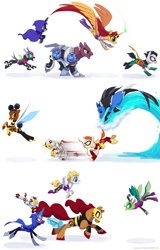 Size: 1229x1920 | Tagged: safe, artist:house-of-tykayl, alicorn, changedling, changeling, cyborg, earth pony, pegasus, pony, seapony (g4), unicorn, aqualad, beast boy, bow (weapon), bumblebee (dc comics), cape, changelingified, cloak, clothes, colored hooves, crossover, cyborg (dc comics), female, flying, galloping, glowing horn, herald (teen titans), horn, jericho (dc comics), magic, male, mare, mas y menos, mask, mouth hold, musical instrument, pantha, ponified, quiver, raven (dc comics), robin, rule 85, seaponified, simple background, species swap, speedy (dc comics), stallion, starfire, teen titans, telekinesis, trumpet, unshorn fetlocks, white background