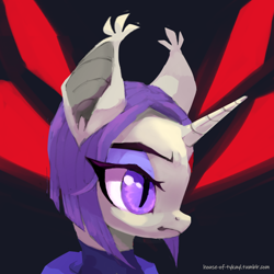 Size: 1280x1280 | Tagged: safe, artist:house-of-tykayl, bat pony, bat pony unicorn, hybrid, pony, unicorn, black background, bust, cape, clothes, costume, crossover, female, glowing eyes, horn, mare, ponified, portrait, raven (dc comics), simple background, slit pupils, solo, teen titans, trigon