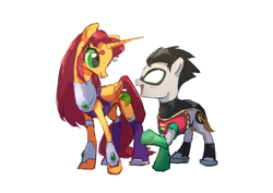 Size: 1280x905 | Tagged: safe, artist:house-of-tykayl, alicorn, earth pony, pony, cape, clothes, costume, female, implied shipping, male, mare, mask, ponified, robin (dc comics), simple background, stallion, starfire, teen titans, the magic of friendship, white background