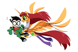 Size: 1000x667 | Tagged: safe, artist:house-of-tykayl, alicorn, earth pony, pony, cape, clothes, costume, crossover, female, flying, holding a pony, implied shipping, male, mare, mask, ponified, robin (dc comics), simple background, stallion, starfire, teen titans, the magic of friendship, white background