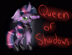 Size: 2600x2000 | Tagged: safe, artist:unknownartist20, twilight sparkle, alicorn, pony, g4, black background, clothes, corrupted, corrupted twilight sparkle, curved horn, dark magic, dark queen, dark twilight, dark twilight sparkle, darklight, darklight sparkle, female, high res, horn, jewelry, magic, necklace, possessed, queen of shadows, queen twilight, queen twilight sparkle, regalia, shoes, simple background, solo, sombra eyes, stray strand, twilight is anakin, twilight sparkle (alicorn), tyrant sparkle