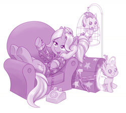 Size: 1280x1146 | Tagged: safe, artist:dstears, pound cake, pumpkin cake, trixie, pegasus, pony, unicorn, g4, alternate hairstyle, baby, baby pony, babysitter trixie, bird cage, cage, chains, clothes, colt, diaper, female, filly, foal, glowing horn, hoodie, horn, magic, male, mare, monochrome, natg2020, phasing, phone, purple, simple background, this will not end well, trio, white background