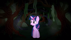 Size: 1360x765 | Tagged: safe, artist:nathanael mcdaniel, screencap, twilight sparkle, pony, unicorn, journey of the spark, g4, female, fog, forest, front view, looking around, mare, messy mane, moss, night, open mouth, scar, scared, tree, unicorn twilight, youtube, youtube link
