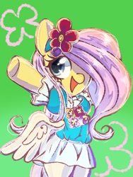 Size: 768x1024 | Tagged: safe, artist:tomizawa96, fluttershy, pegasus, pony, g4, bipedal, clothes, female, flower, flower in hair, green background, hair over one eye, simple background, skirt, smiling, solo