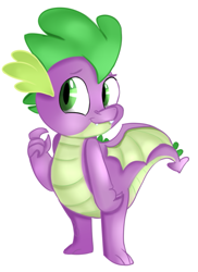 Size: 623x858 | Tagged: safe, artist:jbond, artist:woollily, color edit, edit, spike, dragon, g4, blushing, colored, coloring, cute, cute little fangs, fangs, looking at you, male, painting, simple background, smiling, solo, spikabetes, spread wings, white background, winged spike, wings
