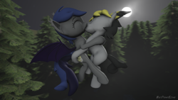 Size: 1280x720 | Tagged: safe, alternate version, artist:batponyecho, oc, oc only, oc:echo, oc:sparc, bat pony, earth pony, pony, 3d, bat pony oc, bat wings, commission, cutie mark, eyes closed, female, flying, forest, kissing, male, mare, moon, night, oc x oc, shipping, source filmmaker, spread wings, stallion, straight, tail, tree, wings, ych result