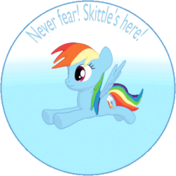 Size: 500x500 | Tagged: safe, artist:firefox195, artist:tomasdrah, edit, rainbow dash, pegasus, pony, g4, 3d, animated, blender, blue background, female, flying, gif, loop, simple background, skittles, solo