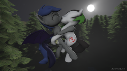 Size: 1280x720 | Tagged: safe, alternate version, artist:batponyecho, oc, oc only, oc:echo, oc:trance sequence, bat pony, earth pony, pony, 3d, bat pony oc, bat wings, commission, cutie mark, eyes closed, female, flying, forest, kissing, male, mare, moon, night, oc x oc, shipping, source filmmaker, spread wings, stallion, straight, tail, tree, wings, ych result