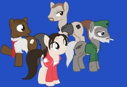 Size: 1280x881 | Tagged: safe, artist:skidd, earth pony, pony, bill (l4d), clothes, crossover, cutie mark, digital art, female, francis, group, left 4 dead, louis (l4d), male, mare, ponified, smoking, stallion, tail, zoey