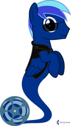Size: 4000x7071 | Tagged: safe, artist:parclytaxel, oc, oc only, oc:film strip, genie, genie pony, pegasus, pony, .svg available, absurd resolution, bottle, clothes, commission, film reel, jacket, looking at you, male, raised hoof, simple background, smiling, solo, stallion, sunglasses, transparent background, vector