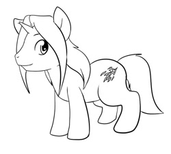 Size: 739x667 | Tagged: safe, artist:skidd, oc, oc only, oc:silvador, pony, unicorn, cutie mark, digital art, horn, looking at you, male, monochrome, simple background, solo, stallion, tail, white background