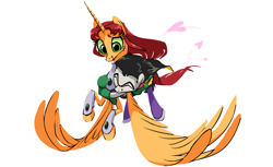 Size: 1100x671 | Tagged: safe, artist:house-of-tykayl, alicorn, earth pony, pony, cape, clothes, costume, crossover, female, flying, holding a pony, implied shipping, male, mare, mask, ponified, robin (dc comics), simple background, stallion, starfire, teen titans, the magic of friendship, white background