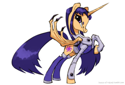 Size: 1280x868 | Tagged: safe, artist:house-of-tykayl, alicorn, pony, beanbrows, blackfire, claws, clothes, costume, crossover, dragon wings, eyebrows, female, looking at you, ponified, simple background, smiling, solo, teen titans, white background, wings