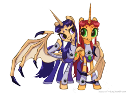Size: 1280x946 | Tagged: safe, artist:house-of-tykayl, alicorn, pony, beanbrows, blackfire, claws, clothes, costume, crossover, dragon wings, eyebrows, female, ponified, siblings, simple background, sisters, smiling, solo, starfire, teen titans, white background, wings