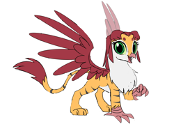Size: 1200x856 | Tagged: safe, artist:house-of-tykayl, griffon, pony, beanbrows, clothes, costume, crossover, eyebrows, griffonized, looking at you, simple background, smiling, solo, species swap, starfire, teen titans, white background