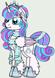 Size: 668x946 | Tagged: safe, artist:rosefang16, princess flurry heart, alicorn, pony, astralverse, alternate hairstyle, clothes, crown, ear fluff, ear piercing, earring, female, gray background, hoof shoes, jewelry, leg fluff, mare, older, older flurry heart, piercing, regalia, scarf, simple background, solo