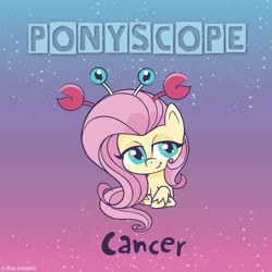 Size: 1080x1080 | Tagged: safe, fluttershy, crab, pegasus, pony, g4.5, my little pony: pony life, official, astrology, cancer (horoscope), crossed hooves, facebook, female, hair ornament, horoscope, lidded eyes, looking at you, ponyscopes, smiling, solo, zodiac