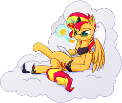 Size: 1600x1348 | Tagged: safe, artist:dacaoo, sunset shimmer, alicorn, pony, g4, alicornified, cloud, computer, crossed legs, ear fluff, female, food, glasses, hoof shoes, jewelry, laptop computer, lidded eyes, orange, peytral, race swap, regalia, shimmercorn, shoes removed, simple background, smiling, solo, spread wings, transparent background, wings