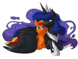 Size: 1250x950 | Tagged: safe, artist:cosmalumi, nightmare moon, oc, oc:fireheart(fire), alicorn, pegasus, pony, tumblr:ask queen moon, g4, canon x oc, commission, duo, female, hug, male, mother and child, mother and son, motherly love, simple background, transparent background, wholesome, winghug