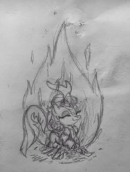 Size: 852x1136 | Tagged: safe, artist:kabayo, kirin, campfire, eyes closed, grayscale, monochrome, on fire, quadrupedal, simple background, smiling, traditional art, white background